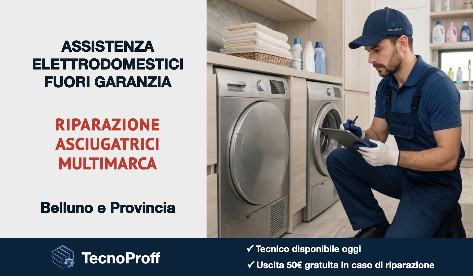 Tecnico asciugatrici Venezia durante manutenzione e riparazione di asciugatrice a pompa di calore fuori garanzia – assistenza TecnoProff Venezia e Mestre