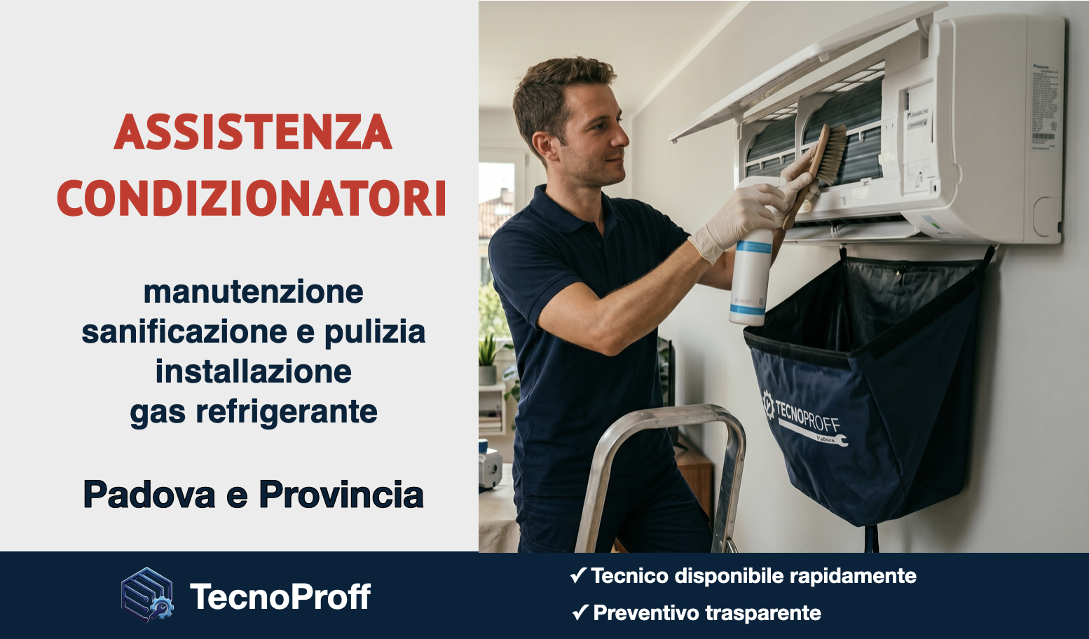 Assistenza condizionatori Padova con tecnico specializzato durante pulizia e sanificazione professionale del climatizzatore