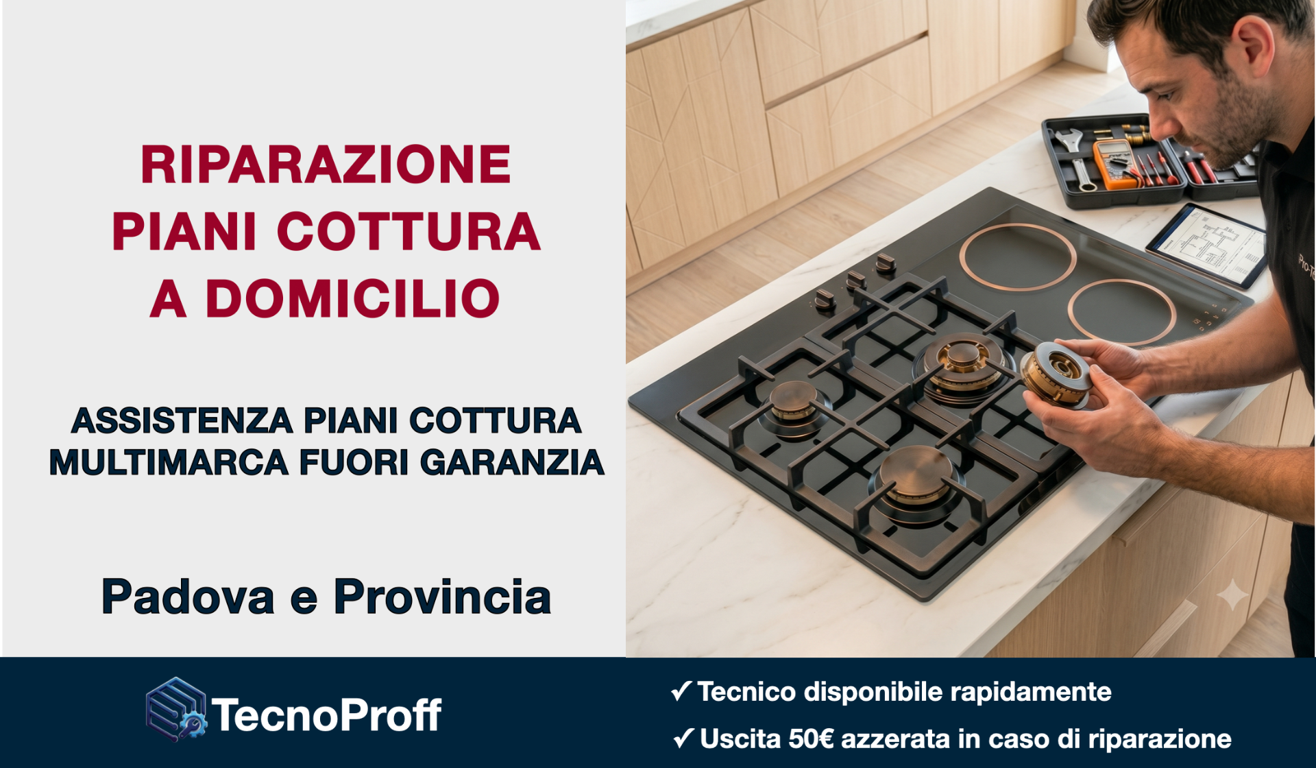 Tecnico specializzato nella riparazione di piani cottura a gas, induzione e vetroceramica a Padova e provincia. Assistenza multimarca a domicilio per apparecchi fuori garanzia e cucine complete.