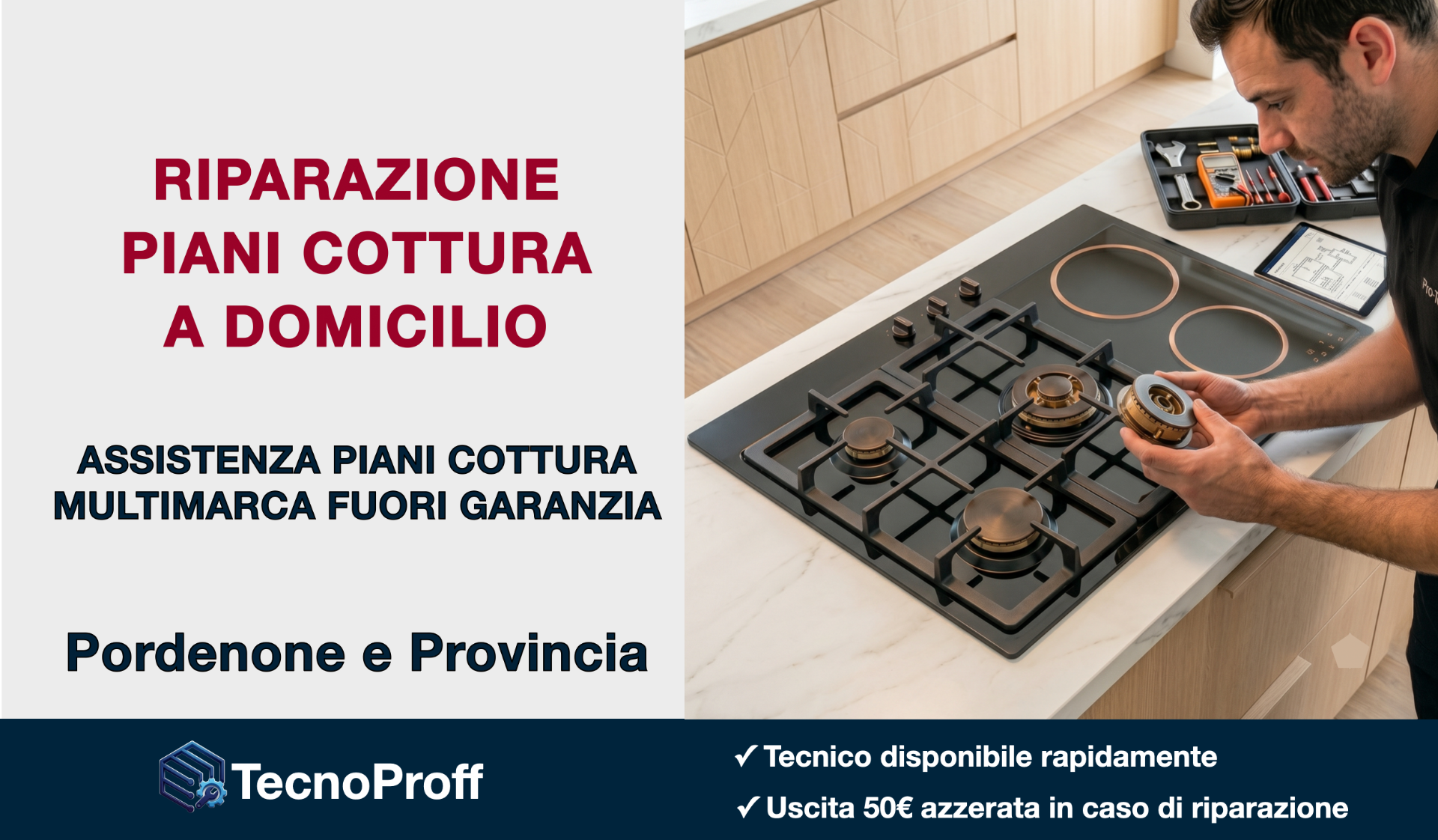 Tecnico specializzato nella riparazione di piani cottura a gas, induzione e vetroceramica a Pordenone e provincia. Assistenza multimarca a domicilio per apparecchi fuori garanzia e cucine complete.