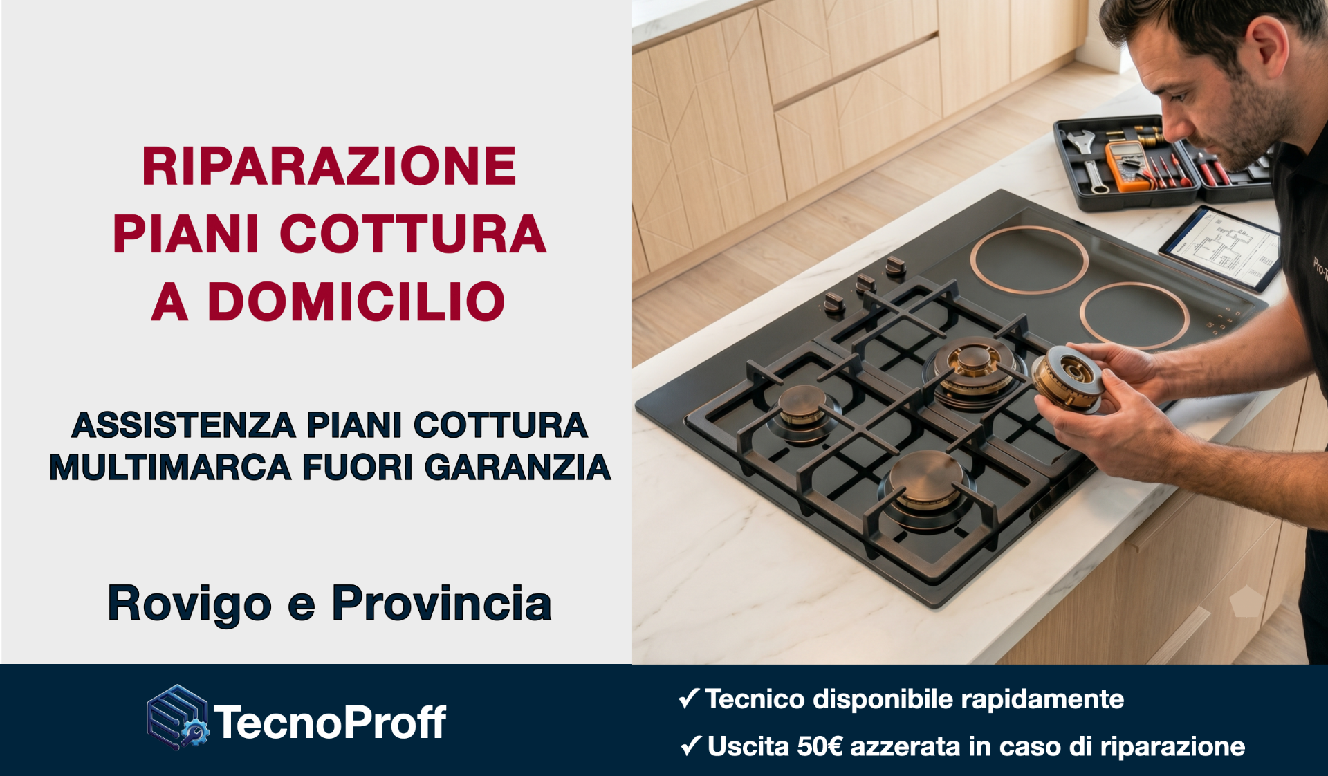 Tecnico specializzato nella riparazione di piani cottura a gas, induzione e vetroceramica a Rovigo e provincia. Assistenza multimarca a domicilio per apparecchi fuori garanzia e cucine complete.