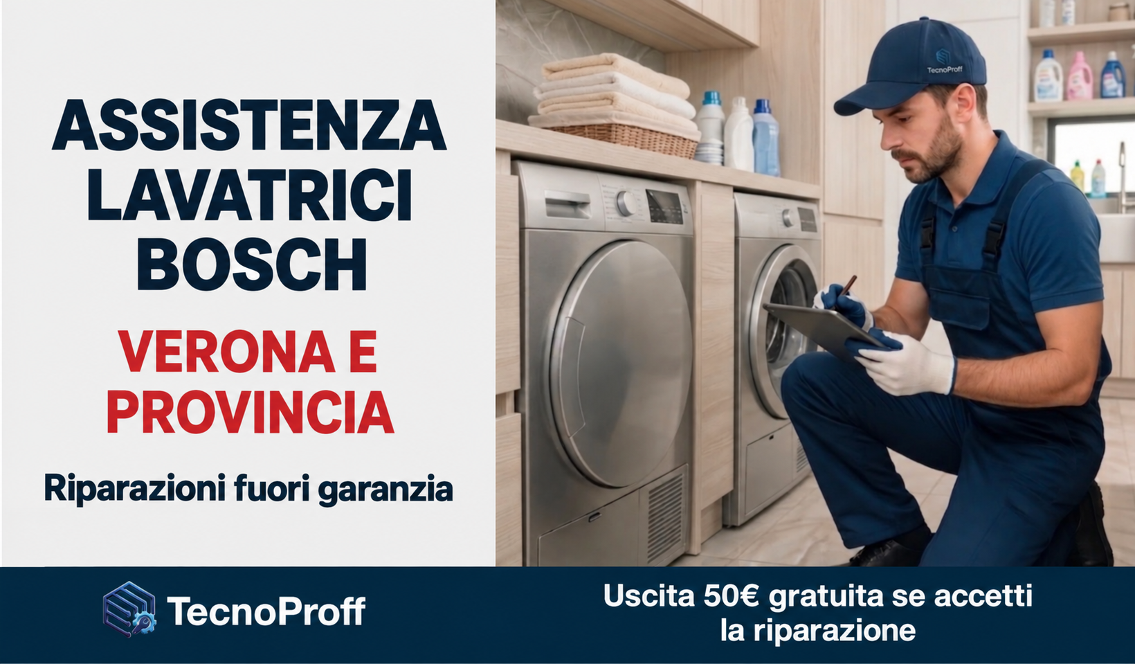 Tecnico TecnoProff accanto a una lavatrice per assistenza Bosch a Verona e provincia